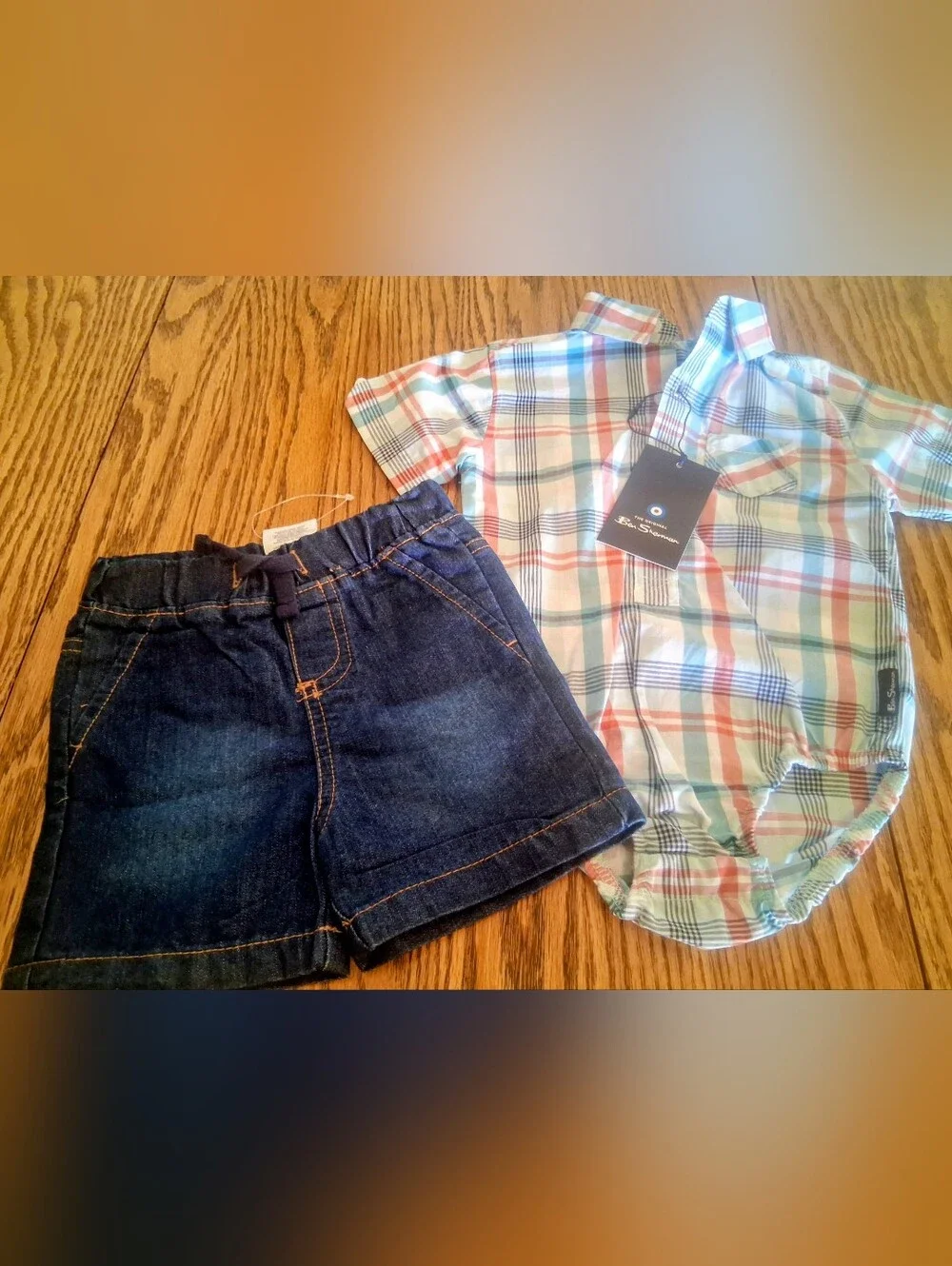 NWT Ben Sherman Brand Baby Boys 2 Piece Outfit. Shirt & Jean Shorts. Sz 6/9 Mos